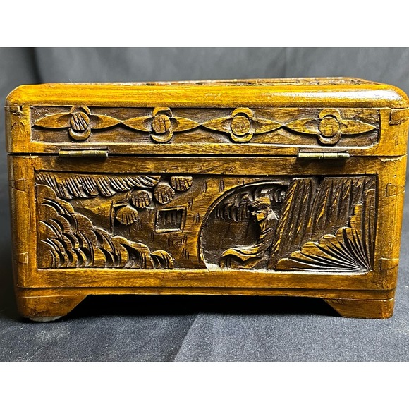 Old Chinese Carved Camphor Timber Wooden Chest Jewelry Vanity Tea Box - Picture 5 of 8